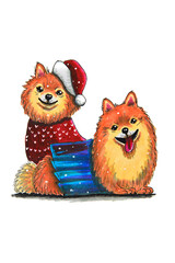 A sketch of two decorative dogs in New Year's outfits