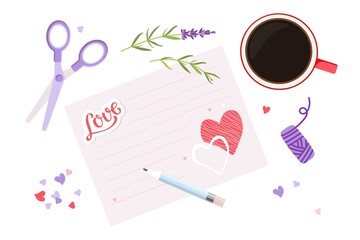 Love letter. Preparations for Valentine's Day, Birthday Flat vector isolated. Letter pattern, pencil, coffee mug, confetti, stickers, scissors, lavander plant. Romantic congratulations. Holiday decor.