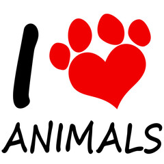 Vector image of a picture I love animals with a heart-shaped footprint  