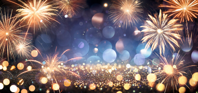 Celebration Anniversary - Golden Fireworks In Blue Night With Glitter - Abstract Defocused Texture