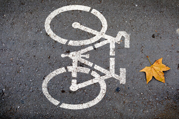 Fototapeta premium Pictograma de una bicicleta (carril bici) en una calle asfaltada con una hoja de plátano de sombra (Platanus × hispanica). Escena de otoño.