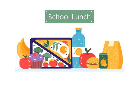 Breakfast or lunch meals. Food, drinks for Children school lunch boxes with meal, hamburger, sandwich, juice, snacks, fruit, vegetables.Vector collection