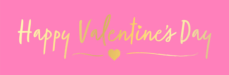 Happy Valentine's Day Handwritten Style Typography on Pink Background Banner. Gold Vector Lettering with Heart Flourish for Valentines Day Designs