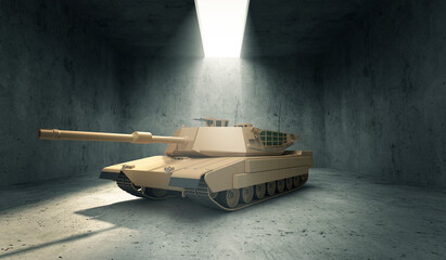 Heavy Military Tank in Modern Hangar with Opened Roof and Sunlights