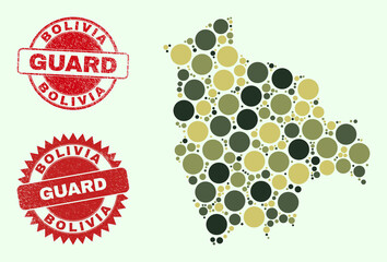 Vector circle items mosaic Bolivia map in khaki colors, and rubber stamp imitations for guard and military services. Round red stamp seals include phrase GUARD inside.
