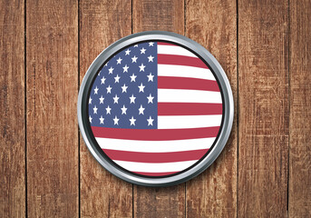 Flag of the United States of America with silver circle chrome, on wooden background, illustration