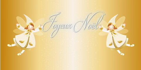 Bandeau joyeux noël sur fond or lumineux avec deux petites fées 