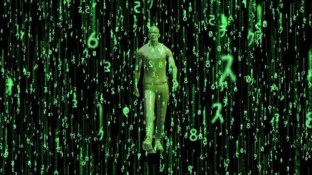 Digital binary data, streaming code background. Matrix background. Man silhouette walking in a dark