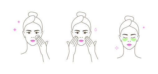 Beautiful girl take care of her face and use facial beauty products. Woman making skincare procedures. skin care routine, hygiene and moisturizing concept. Flat vector Illustration and icons set.