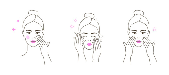 Beautiful girl take care of her face and use facial beauty products. Woman making skincare procedures. skin care routine, hygiene and moisturizing concept. Flat vector Illustration and icons set.