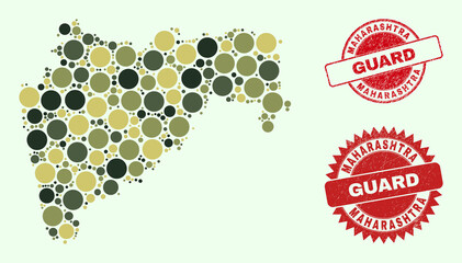 Vector spheric elements collage Maharashtra State map in camo hues, and rubber stamps for guard and military services. Round red imprints contain phrase GUARD inside.