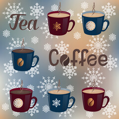 Set of blue and red winter mugs with Christmas decoration with steaming hot tea and coffee and lettering on festive soft pastel blurry bokeh background and white snowflakes