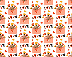 Seamless pattern with letters and bouquets of flowers. Happy Valentines Day