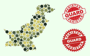 Vector round elements mosaic Pakistan map in khaki colors, and rubber watermarks for guard and military services. Round red watermarks include word GUARD inside.