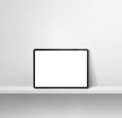 Digital tablet pc on white wall shelf. Square background banner