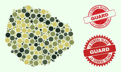 Vector round parts collage La Gomera Island map in camouflage colors, and grunge stamps for guard and military services. Round red stamp seals have phrase GUARD inside.