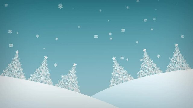Merry Christmas and Happy New Year concept. Animated greeting card with Christmas trees. Winter snowfall on a blue background