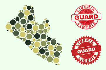 Vector circle parts collage Liberia map in khaki hues, and scratched watermarks for guard and military services. Round red watermarks include phrase GUARD inside.