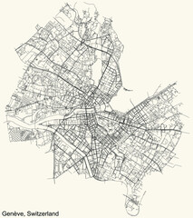Detailed navigation urban street roads map on vintage beige background of the Swiss regional capital city of Geneva, Switzerland