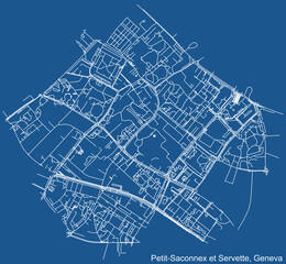 Detailed technical drawing navigation urban street roads map on blue background of the quarter Petit-Saconnex et Servette District of the Swiss regional capital city of Geneva, Switzerland