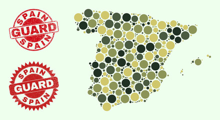 Vector round items mosaic Spain map in camouflage colors, and textured seals for guard and military services. Round red imprints contain word GUARD inside.