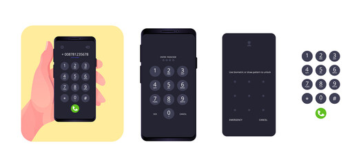 Cellphone with passcode lock screen interface, use biometric or enter pattern pages.