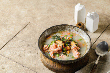 salmon fish soup with mussels and cream