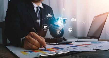 Fingerprint Biometric Digital Scan Technology. Graphic interface showing man finger with print scanning identification. Concept of digital security and private data access by use fingerprint scanner.