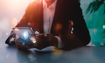 Fingerprint Biometric Digital Scan Technology. Graphic interface showing man finger with print...