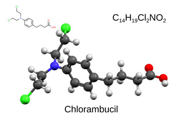 Chemical formula, structural formula and 3D ball-and-stick model of the anticancer drug chlorambucil, white background