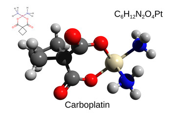 Chemical formula, structural formula and 3D ball-and-stick model of the anticancer drug Carboplatin, white background