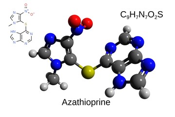 Chemical formula, structural formula and 3D ball-and-stick model of the immunosuppressive drug azathioprine, white background
