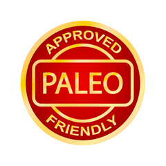 Fototapeta na wymiar Paleo approved friendly stamp. Paleo diet. Orange round frame. Product label. Logo or icon. Sticker 