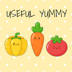 Print with cute vegetable characters and text. Kawaii pepper, carrot, tomato on yellow background with seamless pattern.