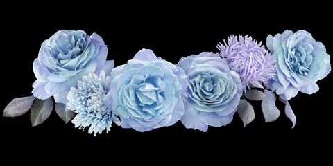 Blue roses isolated on black background. Floral arrangement, bouquet of garden flowers. Can be used...