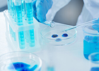 A researcher conducts experiments in the laboratory. Scientist pours liquid from a test tube and laboratory pipette into a petri dish
