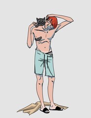 The cat climbed on its back