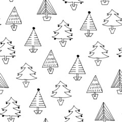 Christmas trees seamless pattern, hand drawn fir-tree winter background