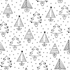 Christmas trees seamless pattern, hand drawn fir-tree winter background