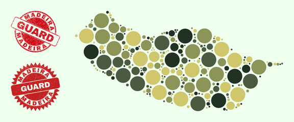 Vector round parts mosaic Madeira map in camo colors, and rubber stamp seals for guard and military services. Round red stamp seals have phrase GUARD inside.