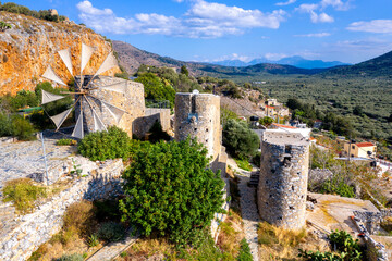 Fototapeta na wymiar Old windmills in Nikithianos village, Eastern Crete, Greece