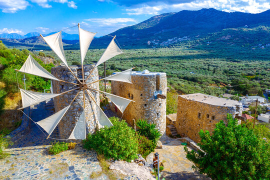 Old windmills in Nikithianos village, Eastern Crete, Greece