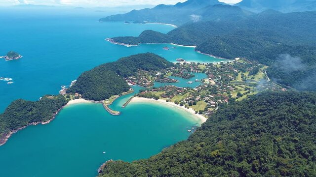 Paraty, Rio de Janeiro, Brazil. Aerial view of tropical beach with turquoise water. Vacation travel. Travel destination. 