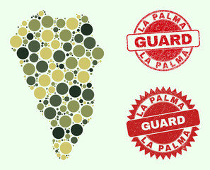 Vector circle elements combination La Palma Island map in camo colors, and textured watermarks for guard and military services. Round red watermarks include phrase GUARD inside.