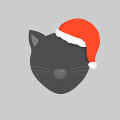 Black santa cat in red christmas hat on grey background. New year vector illustration