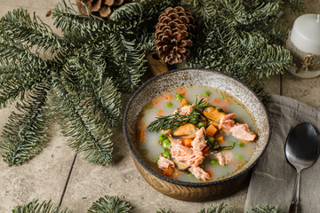 salmon fish soup with mussels and cream