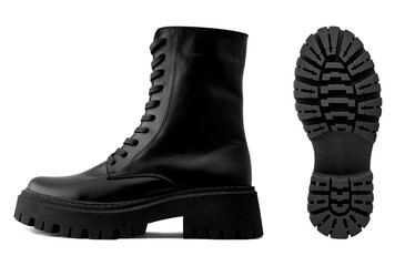 Black leather female boots isolated on white background, copy space