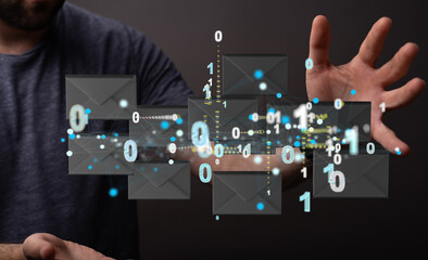 holding smartphone and checking email online on web with