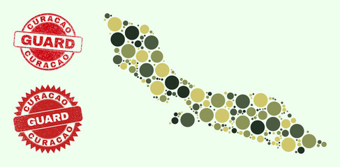Vector circle parts combination Curacao Island map in camouflage colors, and textured watermarks for guard and military services. Round red stamp seals have phrase GUARD inside.