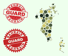 Vector round elements composition Bahrain map in khaki hues, and textured stamps for guard and military services. Round red seals include phrase GUARD inside.